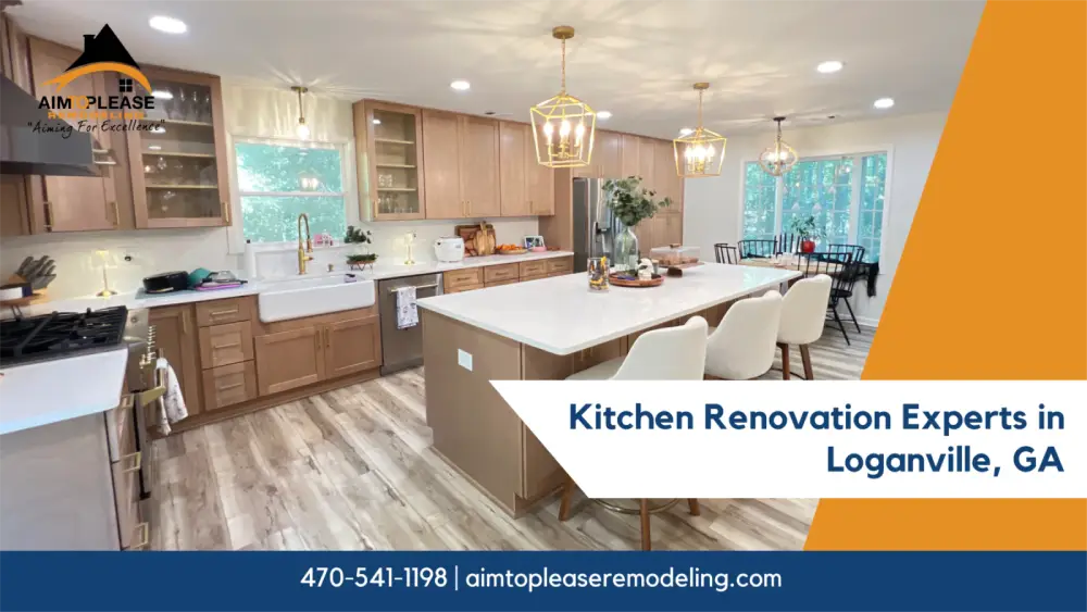 Bright kitchen remodeling featuring white counters, pendant lights, and wood floors